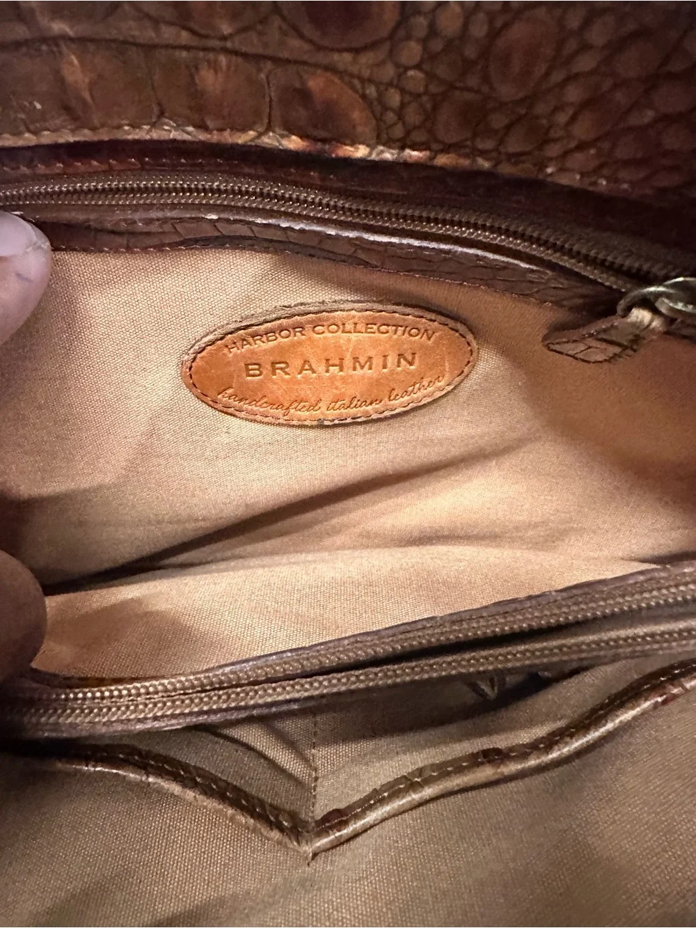 Brahmin Tan Croc-Embossed Leather & Beige Woven Shoulder Bag